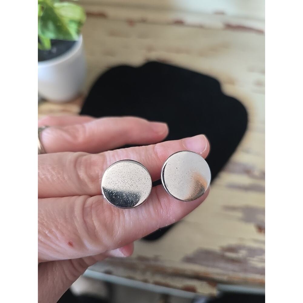 Vtg Polished Silver Tone Round Disc Cufflinks with Bullet‎ Back Closures